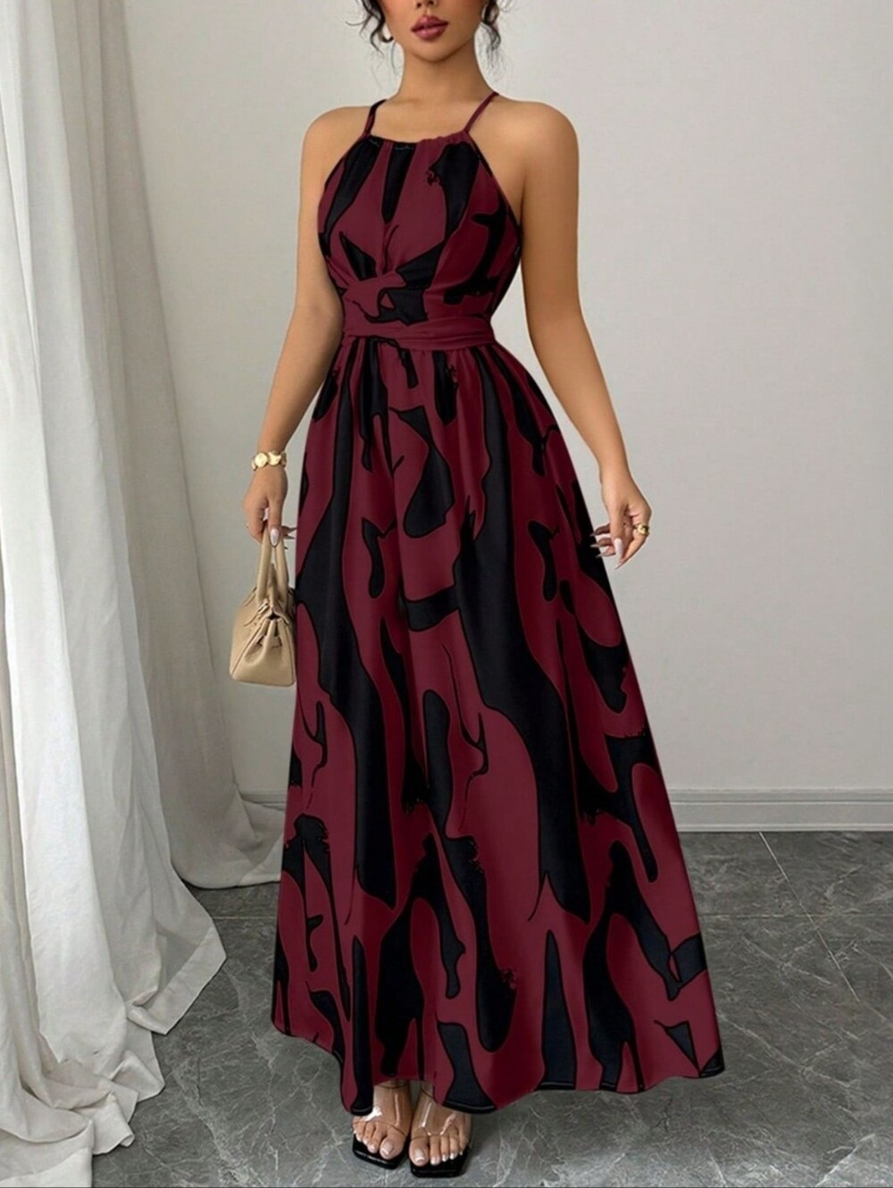 Sleeveless Abstract Print Halter Neck Maxi Dress in Burgundy and Black